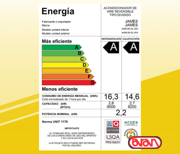 AIRE ACONDICIONADO 9000 BTU INVERTER JAMES AAM-09 GL-INV